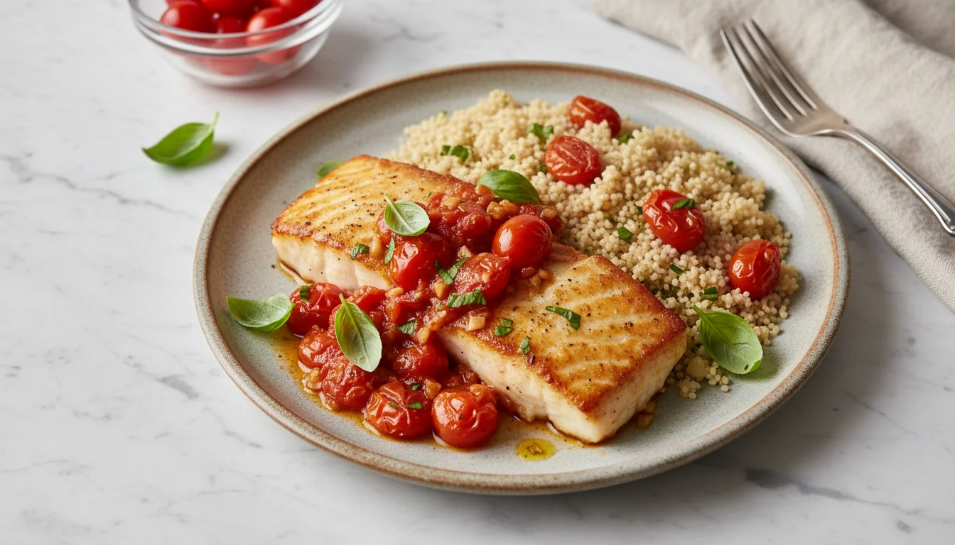 20-Minute Halibut with Cherry Tomato Sauce and Couscous