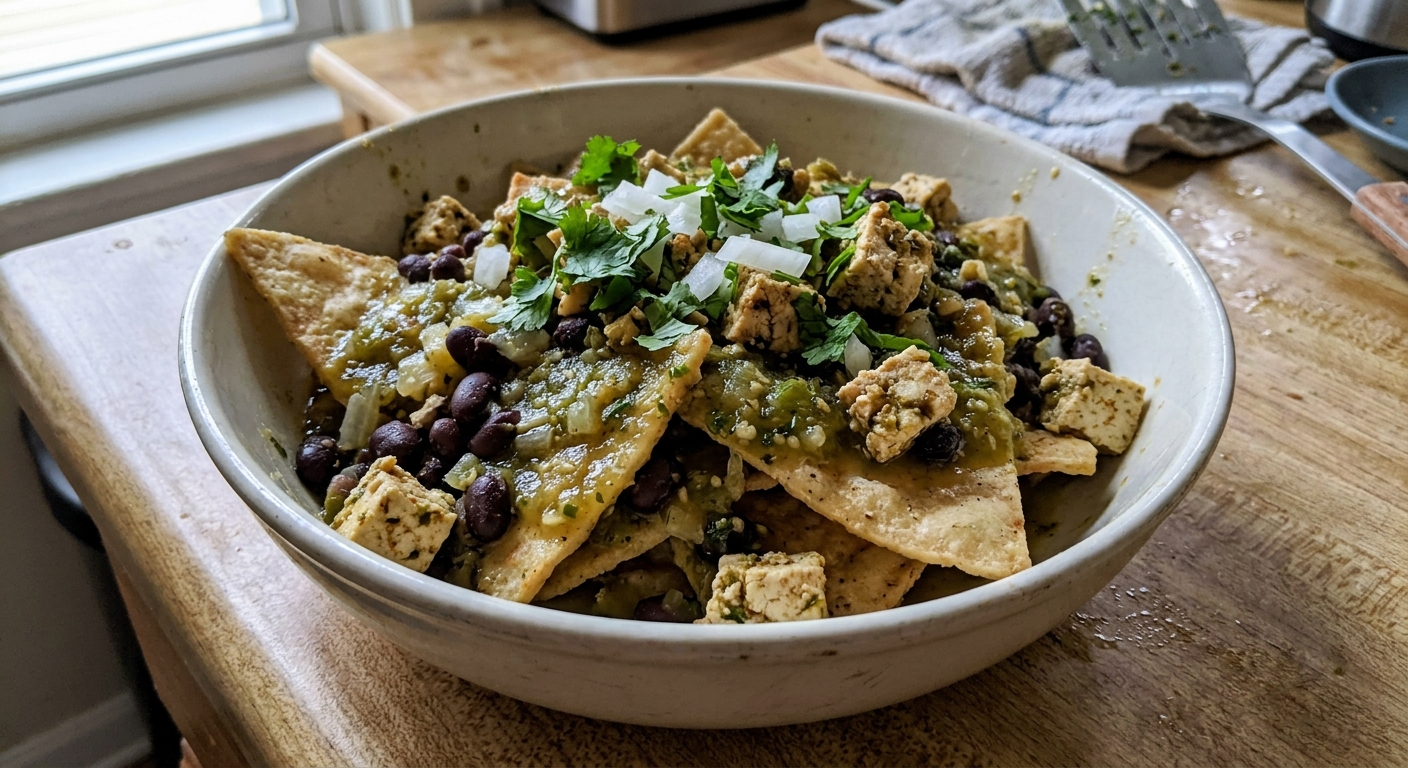 Green Chilaquiles with Black Beans and Tofu 'Cheese'