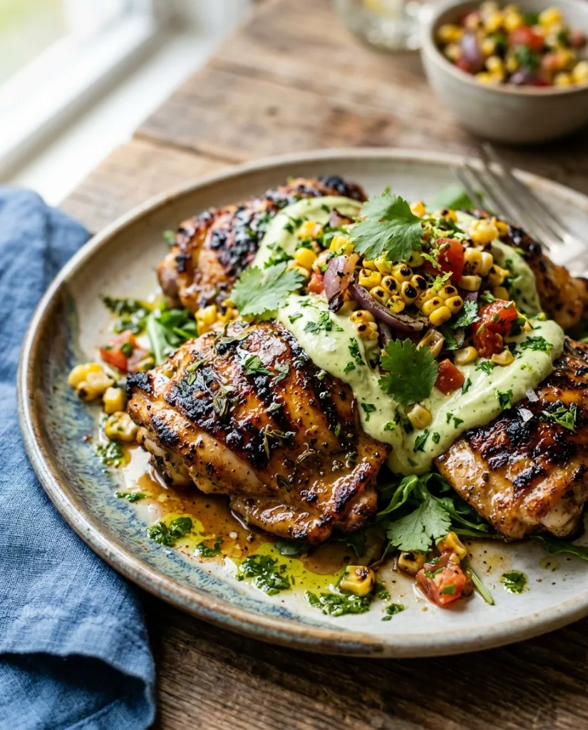 Grilled Chicken Thighs with Charred Corn Salsa and Avocado Crema