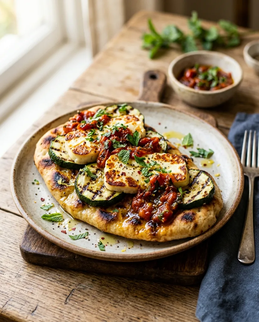Grilled Zucchini & Halloumi Flatbreads with Roasted Tomato Relish