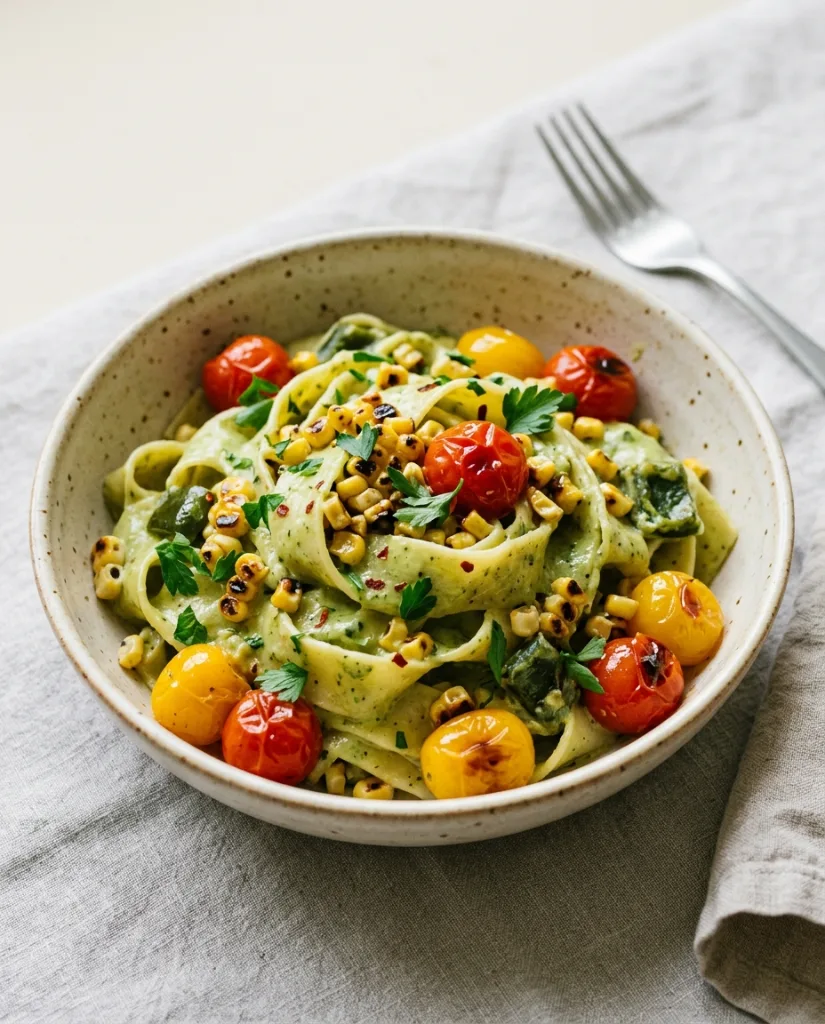 Smoky Poblano Cream Pasta with Roasted Corn and Cherry Tomatoes