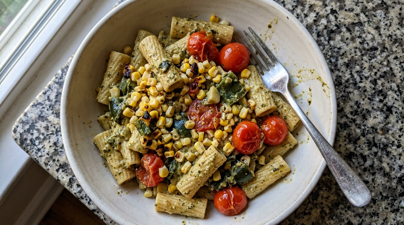 Low-Fat Poblano Cream Pasta with Roasted Corn and Cherry Tomatoes